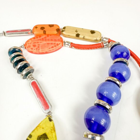 Colorful Designer Art Glass Acrylic Leather Metal Beaded Statement Necklace - Picture 3 of 4